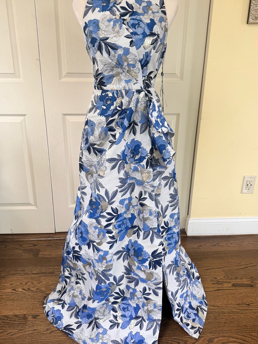 Adrianna Papell White Maxi Dress with Blue and Gold Floral Print